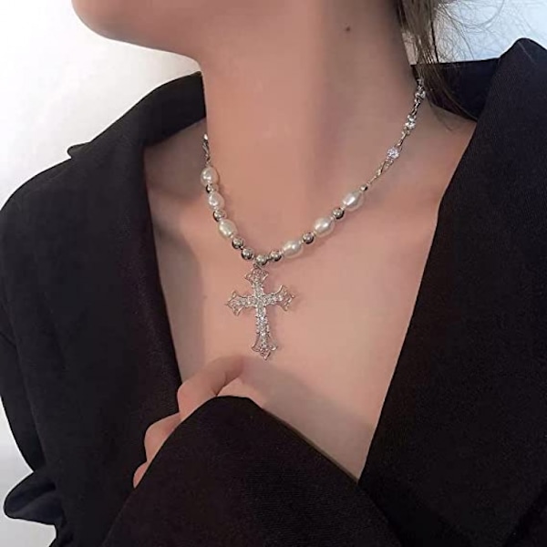 Kristallkors Halsband Y2k Fairy Rostfritt Stål Pärla Bling
