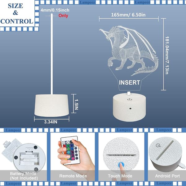 3D Lampe Drage Nattlys 3D Illusjonslampe for Barn, 16 Farger