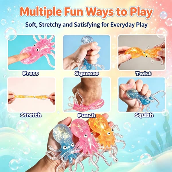 3-pak glitter blæksprutte squishy legetøj, TPR langsomt-stigende klemme stressbolde i blå, orange og pink