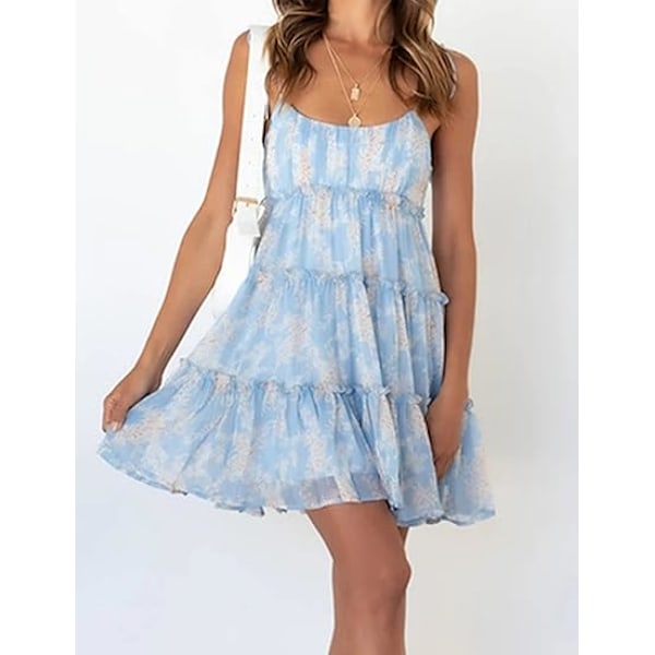 Dame 2025 Sommer Blomstret Mini Kjole Boho Løs Skater Kjoler Kort Ærmeløs Flæse Spaghetti Strop Kjole XXL