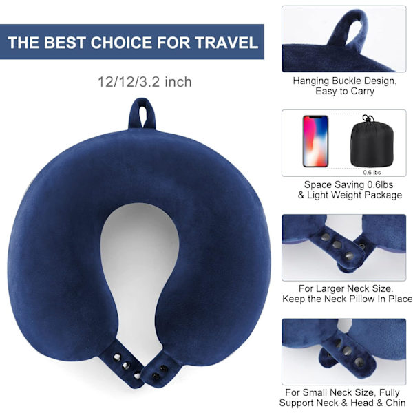 Reise nakkepute, beste minneskum flypute for hodestøtte Myk justerbar pute for fly, bil og hjem lenestolbruk (mørkeblå) Dark Blue