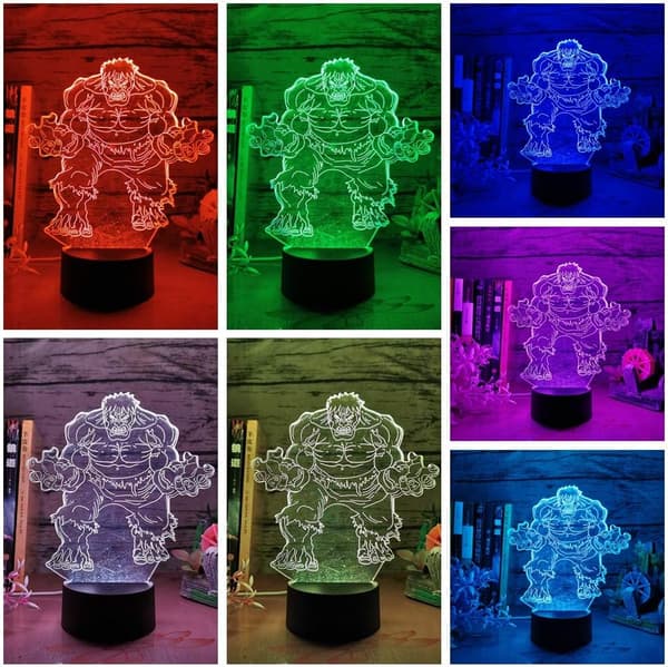 Hulk 3D Natlampe Marvel Superhelt Minifigurer Sort Base 3D LED RGB 7 Farve Bordlampe