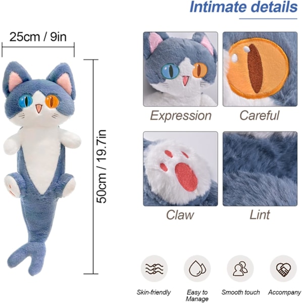 Lång katt plyschleksak söt plysch kramdjur plysch kudde haj katt gosedjur för flickor och pojkar blå 19,7\" Blue