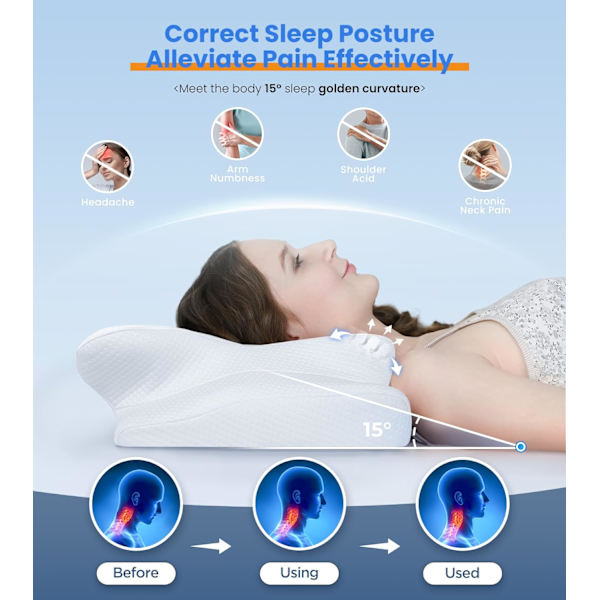 Ultra smertelindrende kølepude til nakkestøtte, justerbar cervikal pude hyggelig sovende, lugtfri ergonomisk kontur memory foam puder, ortopæd White