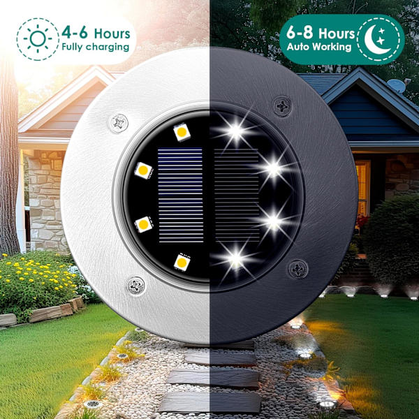 Solcelled Jordlys, 8 LED Solcelled Disklys Udendørs Vandtæt Landskabsplejelys til Havegård Dæk Gangbro Terrasse Sti (8, Hvid) White 8