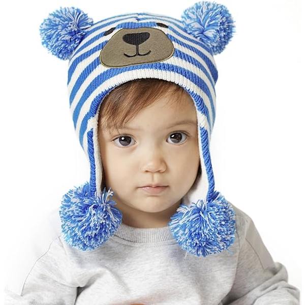 Barnhatt Vinter Fleecefodrad Hatt Stickad Öronlapp Barnmössor Spädbarn Småbarn Hattar för Pojke Flicka Blue L