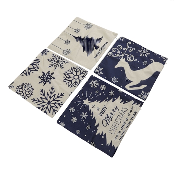 4 stk juleputetrekk 45x45cm Hjort Snøfnugg Snømann Komfortable Myke Lin Juleputetrekk for Hjem Sofa 03