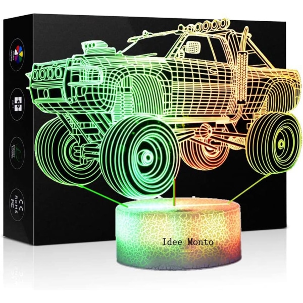 Monster Truck 3D nattlampa för barn - 7 LED-färgförändringar