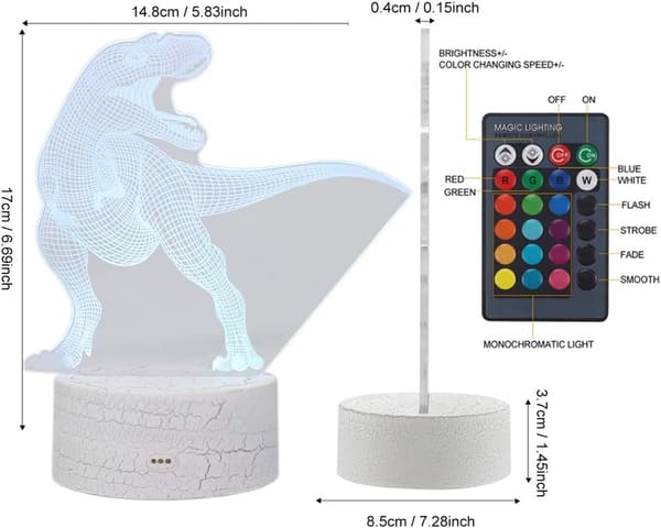 3D Dinosaur Optisk Illusion Natlampe 16 LED Farve Changi