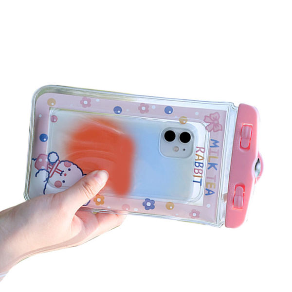 Vandtæt telefonpose Tegneserie Sød følsom berøring Transparent telefonpose med snor til drifting svømning dykning Pink Rabbit