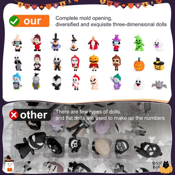 Halloween Julekalender, 24-dages nedtællingsboks med 24 assorterede mini samleobjekt figuriner til julegaver