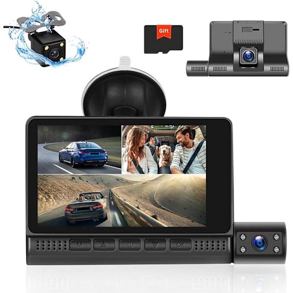 3-kanals dashcam fram och bak inuti, 4 tum 1080P dashkamera för bilar trevägs trippel bilkamera med IR-nattseende, loop-inspelning, G-sensor