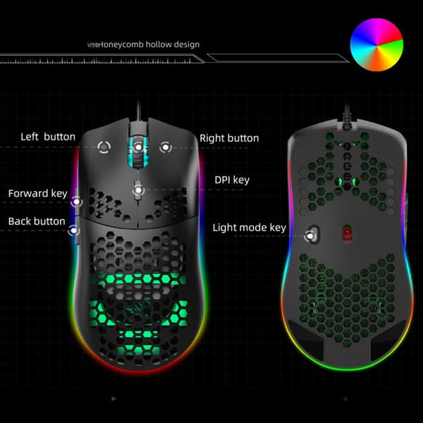 Kablet mus med RGB-belysning, understøtter slukket lys, 6 knapper til pc