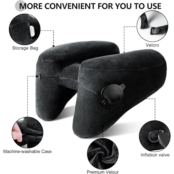 Nackkudde för resor Uppblåsbar flygplansdyna Stöder bekvämt huvud, nacke och haka, uppblåsbar resedyna med mjuk velouröverdrag, hatt, bärbar Premium Black with Hat
