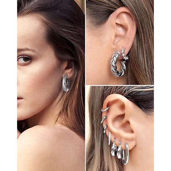 7 st Sliver Hoop Örhängen Set för Kvinnor Sliver Pläterade Chunky Hoops Twisted Huggie Hoop Örhängen för Present Lättvikt Sliver