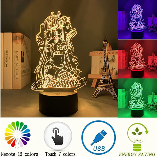 Sexig tjej 02 Färgglada LED-lampor FRANXX Kawaii Anime Figur Jul Födelsedag Semesterfest Present Söt Sovrum 3D Optisk Illusion Skrivbordslampa