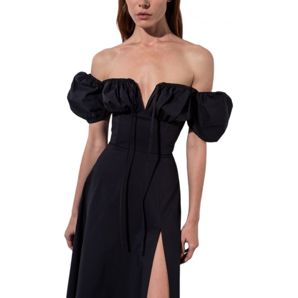 Kauluksen helma, seksikäs sivulta halkaistu kuplahihainen mekko (musta XL)