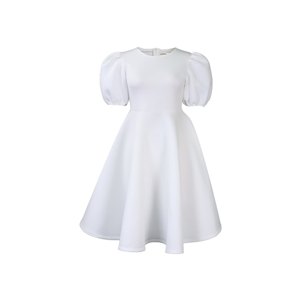 Square Neck Bubble Sleeve One-Piece Short Dress(White L)