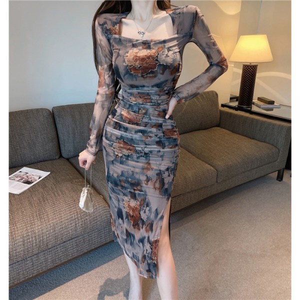 Fyrkantig Hals Bodycon Maxi Lång Klänning Slim Fit Wrap Höft Klänning L