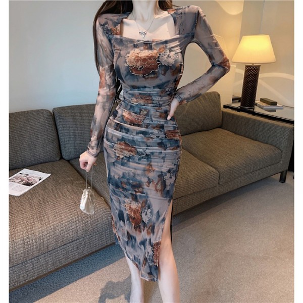 Kvadratisk Hals Bodycon Maxi Lång Klänning Slim Fit Wrap Höft Klänning M