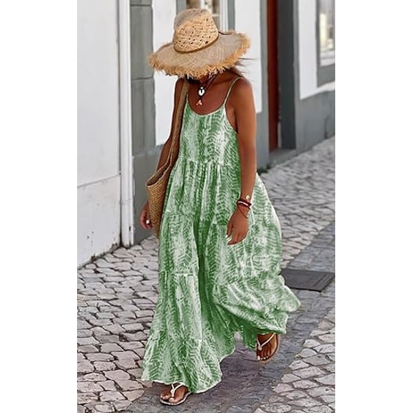 Sommerkjoler til kvinder 2025 Spaghetti strop Scoop Neck Blomstret Maxi Kjole Løs Boho Lang Sommerkjole med Lommer M