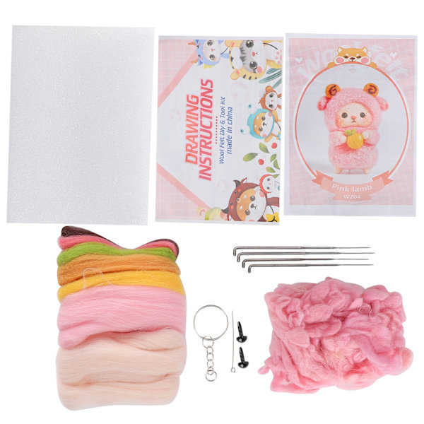 Nålfiltning Färgglad Fårdocka DIY Tillverkningsmaterialpaket med Ritningar och Poke Tool204# Rosa