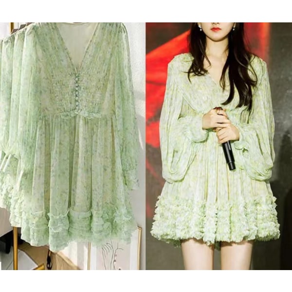 Chiffon Elegant Mini Short Swing Skater Dresses(Green L)