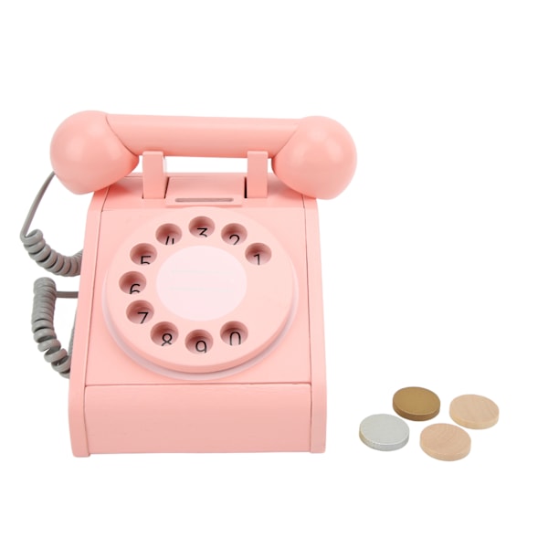 Kids Simulation Telephone Pink Old Fashioned Rotatable Dial Telephone Retro Design Wooden Simulation Retro Dial PhonePink