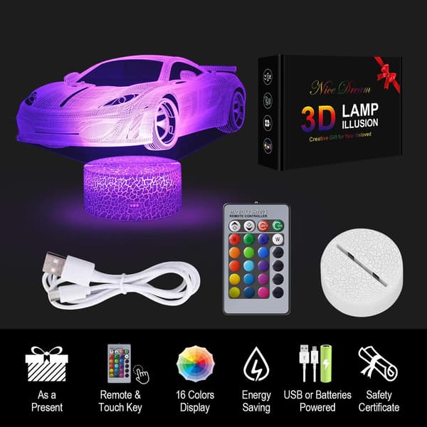 Bilgave til gutter, Racing Car 3D LED illusjonslampe, nattlys for gutter