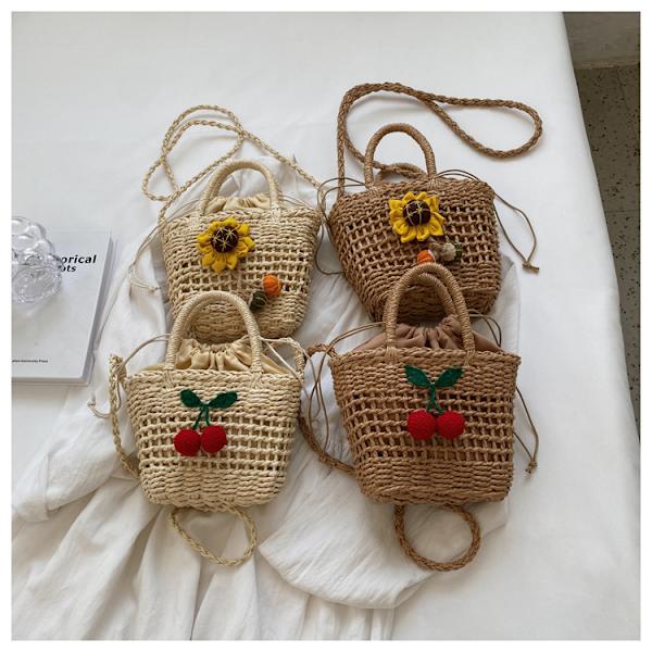 Lille halm spand tasker til kvinder sommer crossbody tasker dame rejse pung og håndtasker kvindelige skulder messenger taske khaki cherries