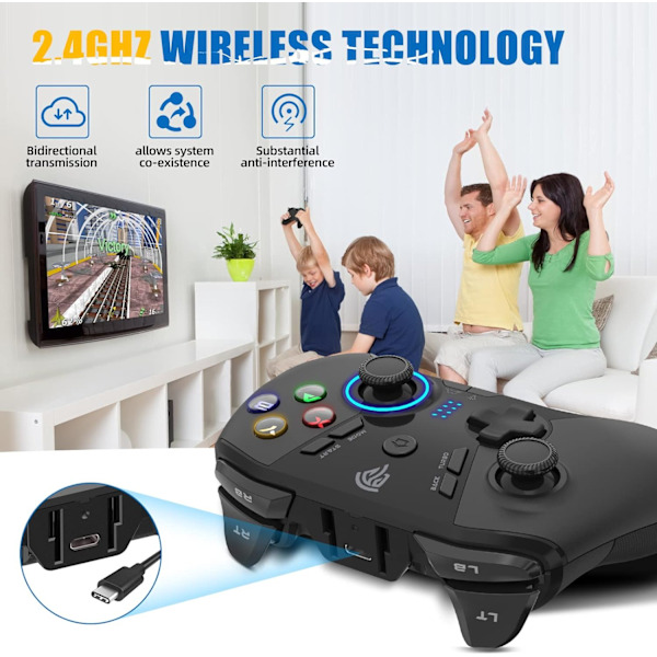 Trådløs spillkontroller for Windows PC/Steam Deck/PS3/Android TV BOX, Dual Vibrate Plug and Play Gamepad Joystick med 4 tilpassede taster, batteri black