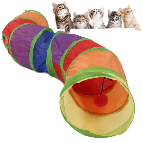 Kjæledyrtunnel iriserende sammenleggbar katte-STunnel med interaktiv ball og 4 dører for valp kattungekanin