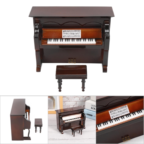 Puinen pienoiskoossa oleva pysty piano, miniatyyrinen musiikki-instrumentin malli, lasten lahja, kodin sisustus Brown