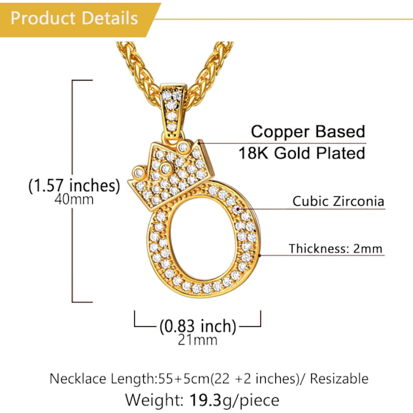 Krone Initial A-Z Halskæde, Iced Out Bogstav Vedhæng med 22-24 Tommer Kæde, Mænd Kvinder Bling Hip Hop Alfabet Navn Smykker Gave Store Initialer Halskæder O 18K Gold