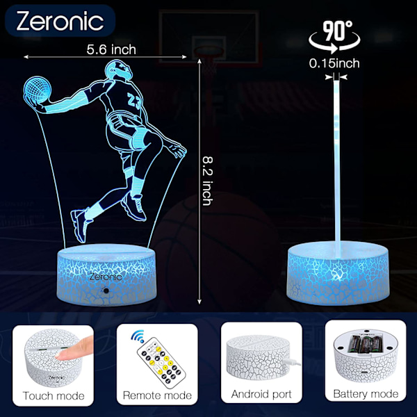 Basketball 3D Natlys, James' Dunk Basketball Gave Bedside Lampe til Jul Ferie Fødselsdag Gave til Børn Basketball Fan med Fjernbetjening 7 Co
