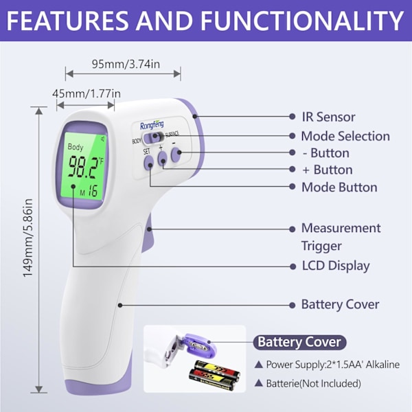 Berøringsfrit pandetermometer til voksne og børn, basaltermometer, digitalt termometer med feberalarm, let for alle aldre, 3 Ba