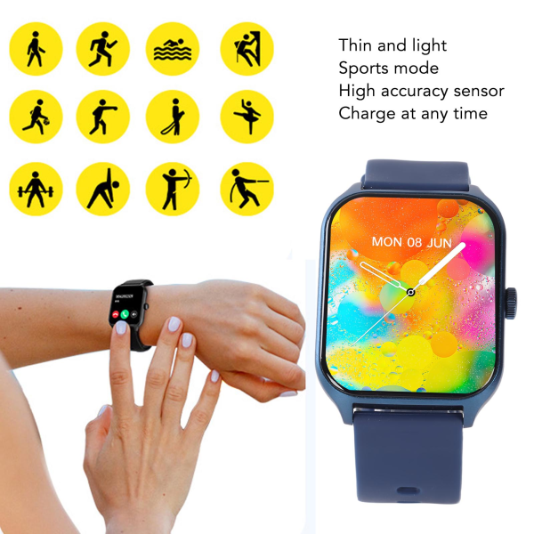 Smartwatch med iltmåling, opkaldsdisplay, IP68 vandtæt touchskærm og skridttæller Blue