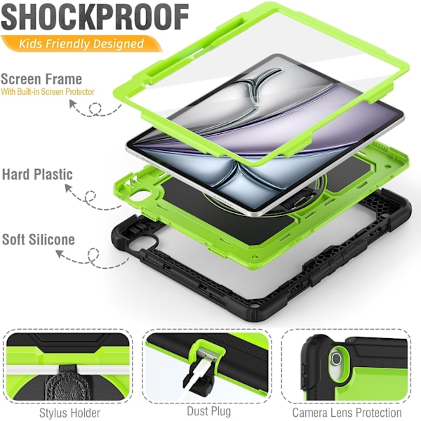 Skal för iPad Air 11 tum (M2 2024), Stötsäker Design med Pennhållare/Skärmskydd/Roterande Handrem, Skyddande Fodral för Green New iPad Pro 11 2024