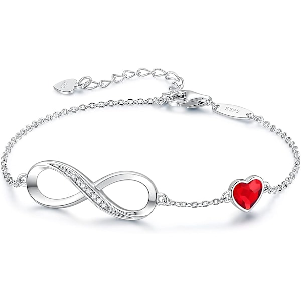 Uendelighedshjerte Fødselsstein Armbånd til Kvinder 925 Sterling Sølv Justerbar Mors Dag Jubilæum Fødselsdag Gaver til Kvinder Kone Kæreste Red