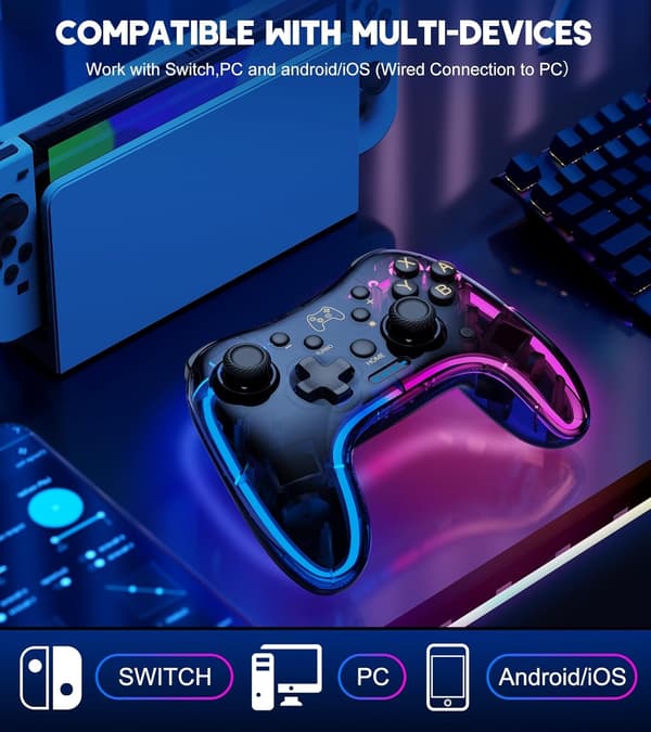 Switch-kontroller kompatibel med Switch/Lite/OLED-kontroller, Switch Pro-kontroller med RGB-andnings-LED, Switch-kontroller fjärrkontroll stödjer Multi