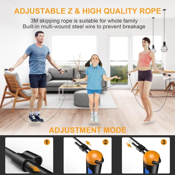 Smart hopprep, Fitness Hopprep med vikt/varv/tid/kalorirekord, Justerbar digital räkning Hopprep för hemgym, Sladdlös Hopprep