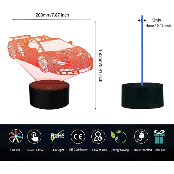 3D Illusionslampa Barnens Sportbil 3D lampa 16-färgs variabel nattlampa med fjärrkontroll Fest, barnpresenter, rumsdekoration lampor