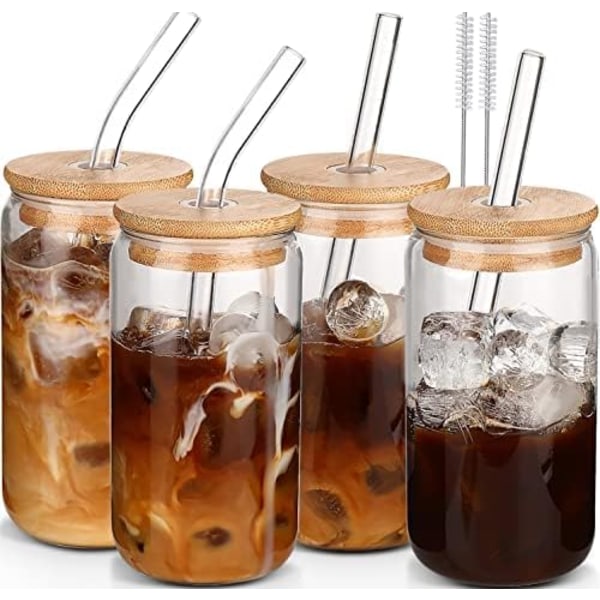 16 oz glaskopper (ca. 453,6 gram), 4 glaskopper med låg og sugerør - kaffekop, drikkekop, gave 2 rengøringsbørster