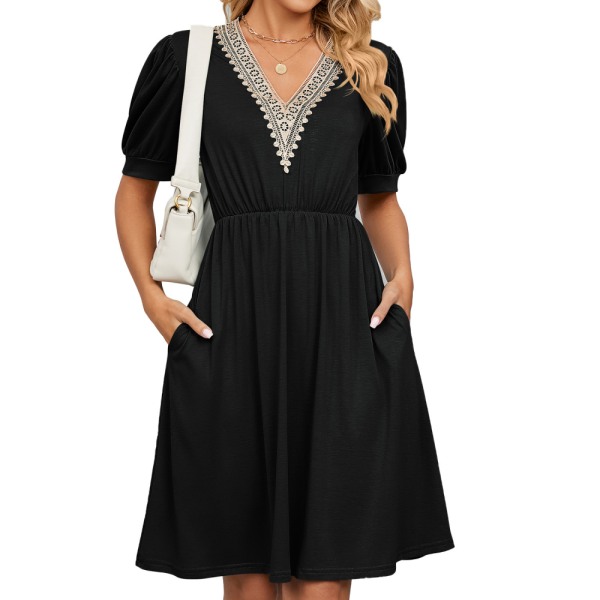 V-neck Short Sleeve Pocket Retraction Waist Dress(Black L)