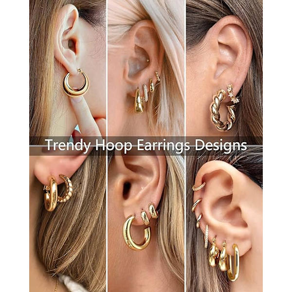 7 stk gull ørepyntsett for kvinner 14K gullbelagt klumpete ringer Twisted Huggie Hoop ørepynt for gave lett Gold