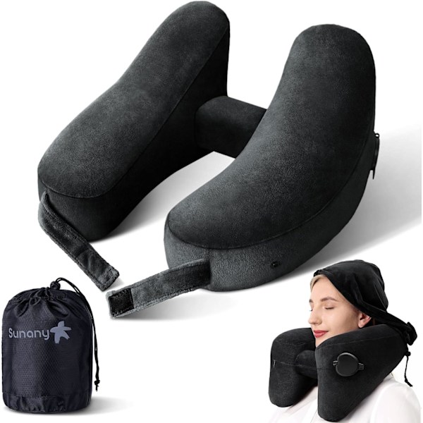 Nackkudde för resor Uppblåsbar flygplansdyna Stöder bekvämt huvud, nacke och haka, uppblåsbar resedyna med mjuk velouröverdrag, hatt, bärbar Premium Black with Hat