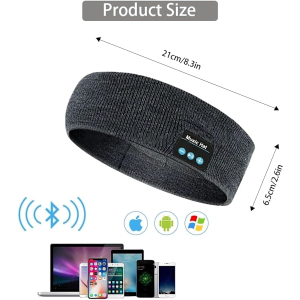 Langattomat unimakuulokkeet, Bluetooth-urheilupäännauha-kuulokkeet erittäin ohuilla HD-stereokaiuttimilla, täydelliset nukkumiseen, treenaamiseen, juoksuun, joogaan, unettomuuteen Grey