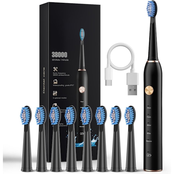 Sonic Elektrisk Tandborste för Vuxna med 8 Borst Huvuden, IPX7 Vattentät Sonicare 38000VPM, Snabb Laddning med Intelligent Tidpåminnelse 5 Valfria Lägen Black