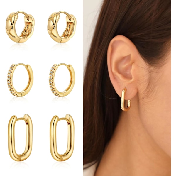 Guld/Silver Örhängen Set för Kvinnor, 14K Guldpläterade Vridna Huggie Örhängen Hypoallergena Tjocka Öppna Lätta Chunky H