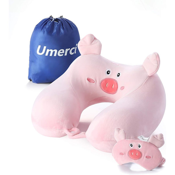 Muistivaahtoinen eläinmatkatyyny, mukava niskatyyny söpöllä silmänaamiolla, kevyt matkatyyny lentokoneeseen, autoon, junaan, bussiin ja kotikäyttöön Pig